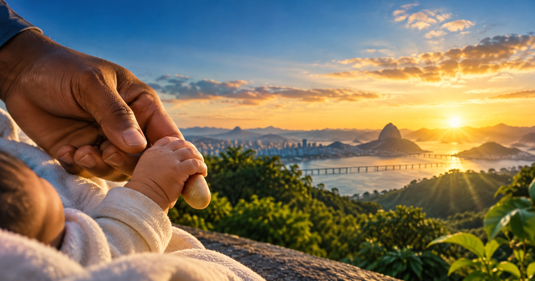Mão de um recém-nascido segurando a mão de um adulto diante de um horizonte iluminado