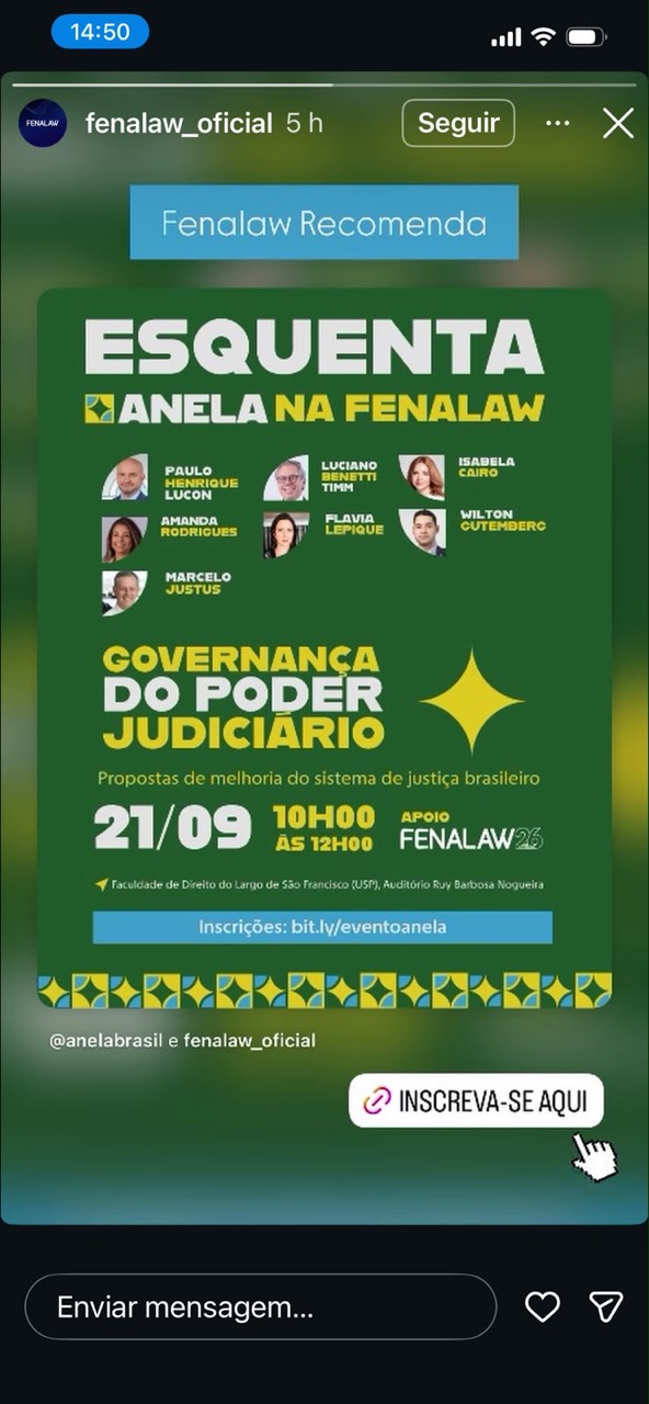 Card de divulgação do Esquenta Anela na FENALAW sobre governança do Poder Judiciário