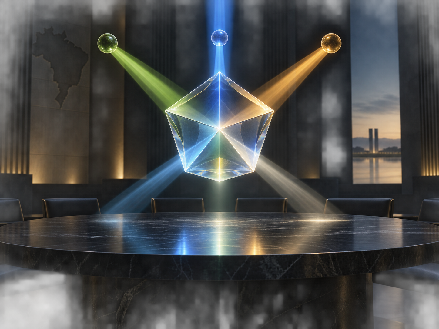 Feixes de luz convergem em uma forma geométrica transparente sobre uma mesa institucional